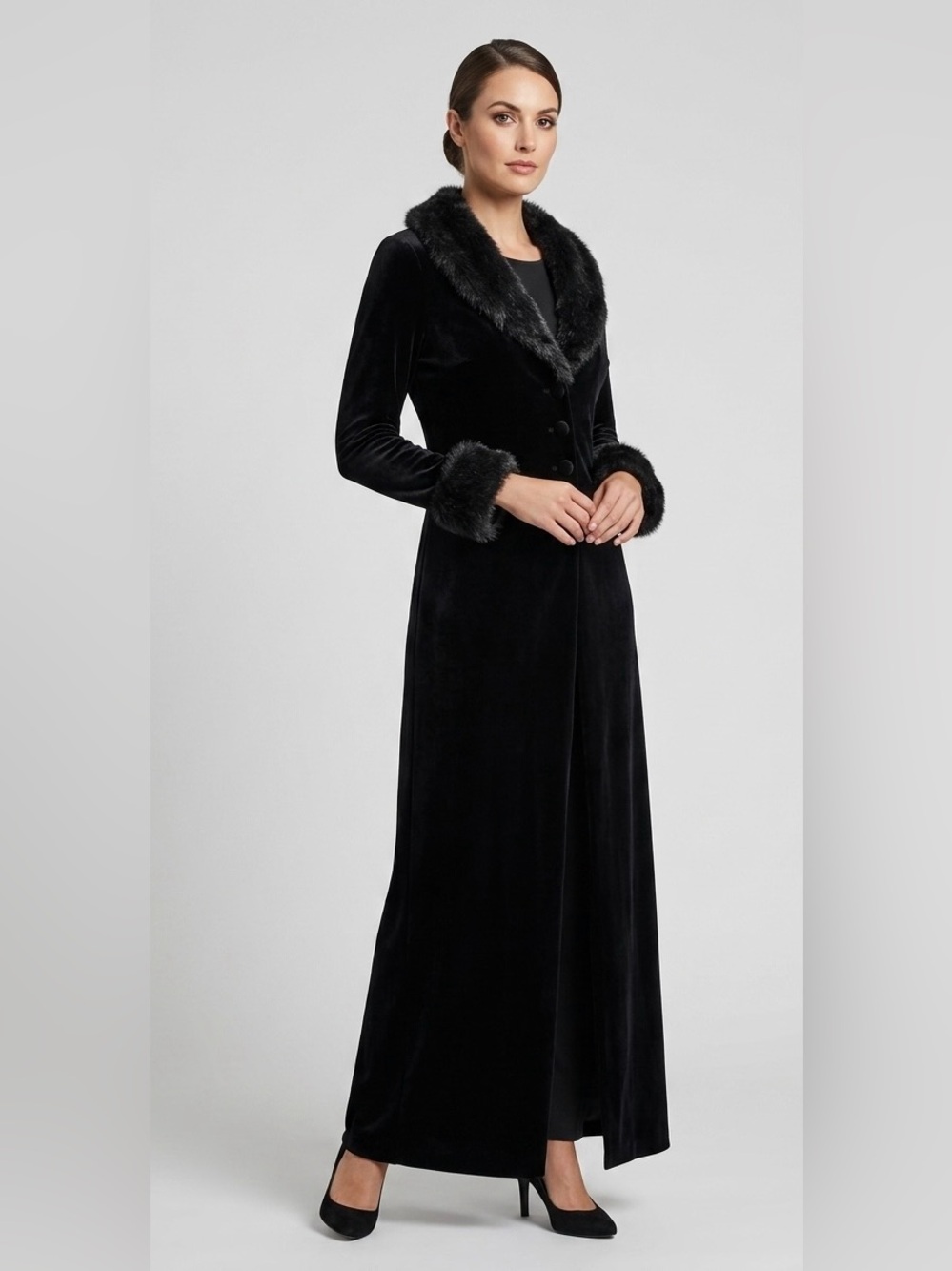 Vintage 90s Jump Apparel Black Velvet Faux Fur Trim Maxi Duster Cardigan